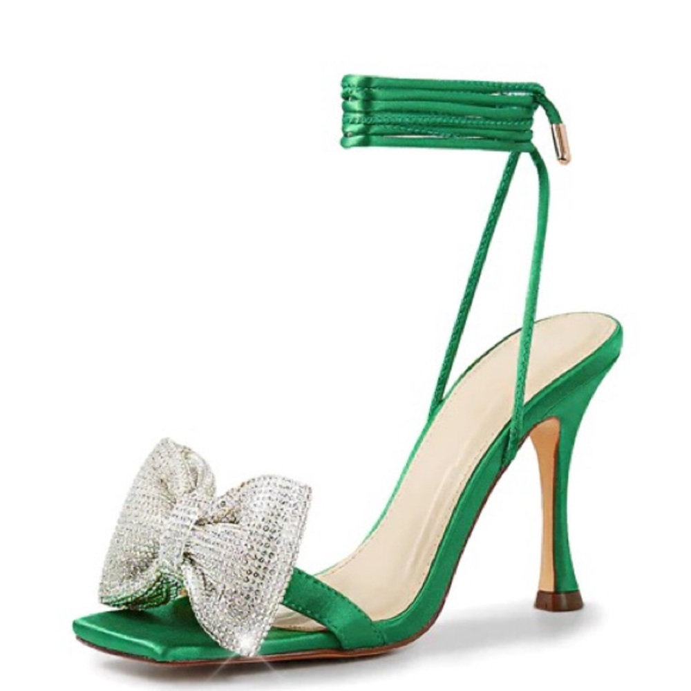 Green & Silver Rhinestone Bow Strappy Lace Up High Heel